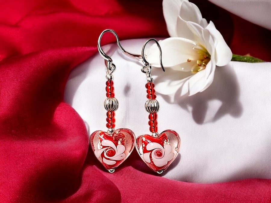 Lampwork heart earrings, heart jewellery, glass bead jewellery, red earrings, un