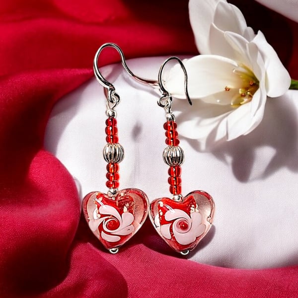 Lampwork heart earrings, heart jewellery, glass bead jewellery, red earrings, un