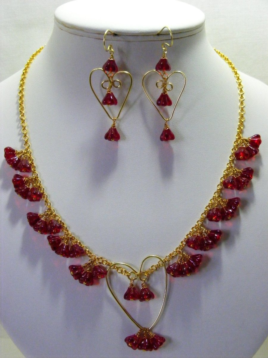 Gold Hearts and Red Flower Jewellery Set.