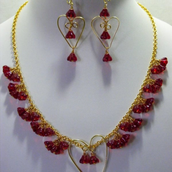 Gold Hearts and Red Flower Jewellery Set.