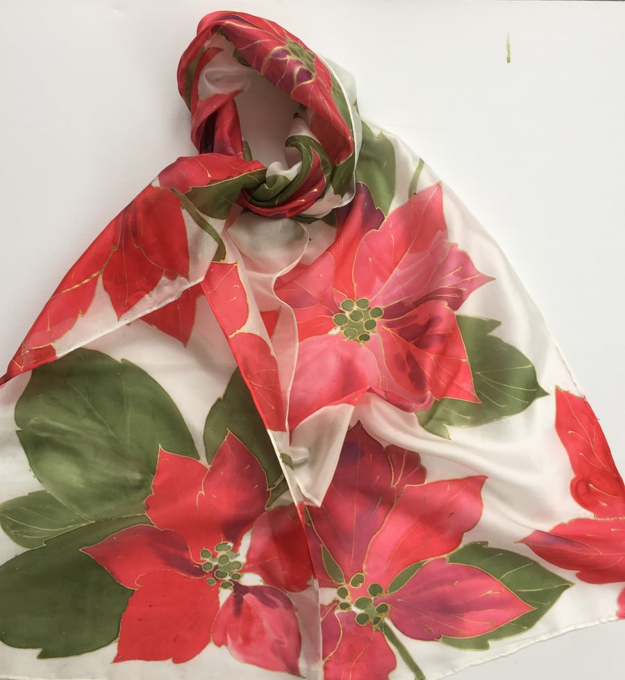 Red Poinsettias hand painted silk scarf