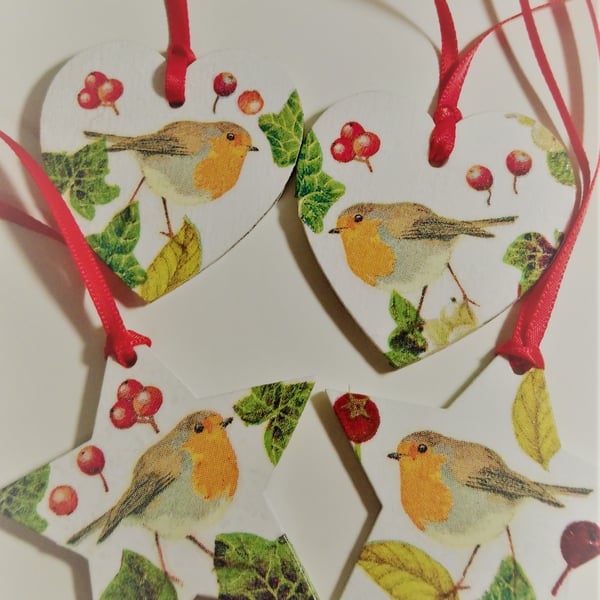 Set of 4 - Decoupaged Heart and Star Robin Christmas Decorations (Set E)