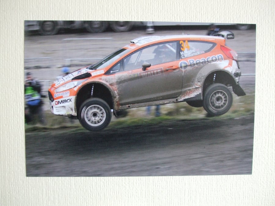 Photographic greetings card of Mark Higgins in a Ford Fiesta R5 WRC2.