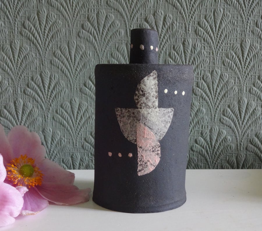 Tiny ceramic handmade bottle. Mid century modern design, black stoneware clay.