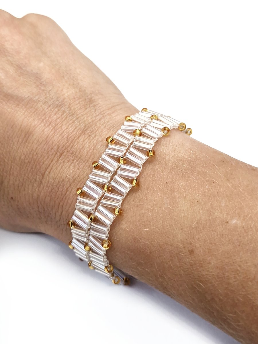 Silver and gold bugle beaded zig zag bracelet