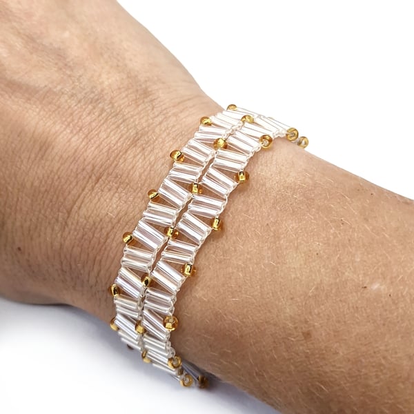 Silver and gold bugle beaded zig zag bracelet
