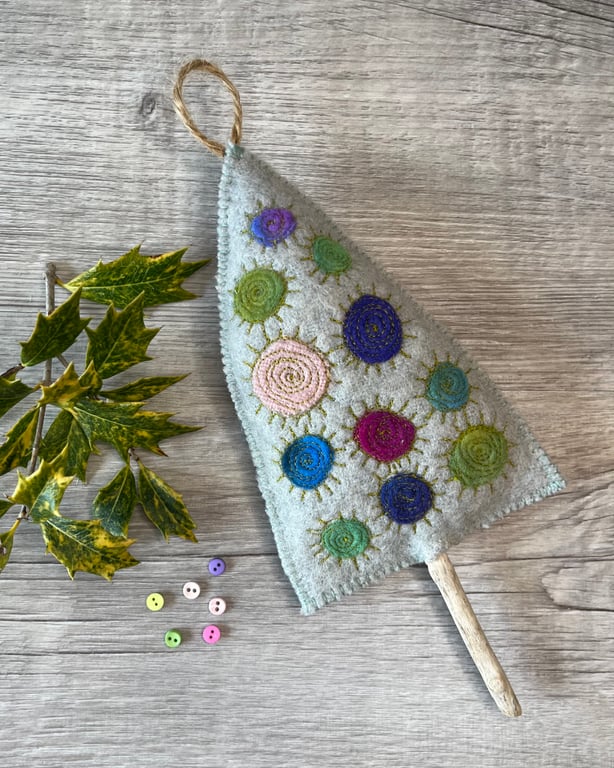 Dyed Wool and Driftwood Quirky Hanging Christmas Tree Decoration