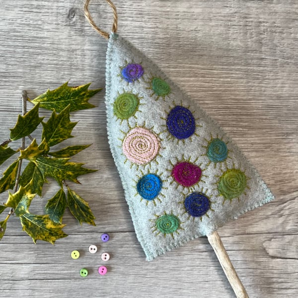 Dyed Wool and Driftwood Quirky Hanging Christmas Tree Decoration