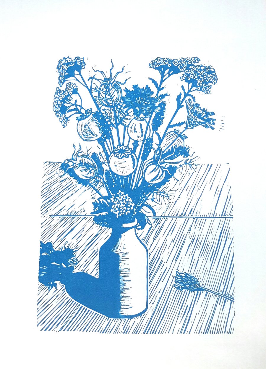  Printmaking  Linocut of Summer Flowers and seedheads blue 