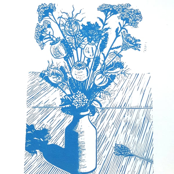  Printmaking  Linocut of Summer Flowers and seedpods blue 