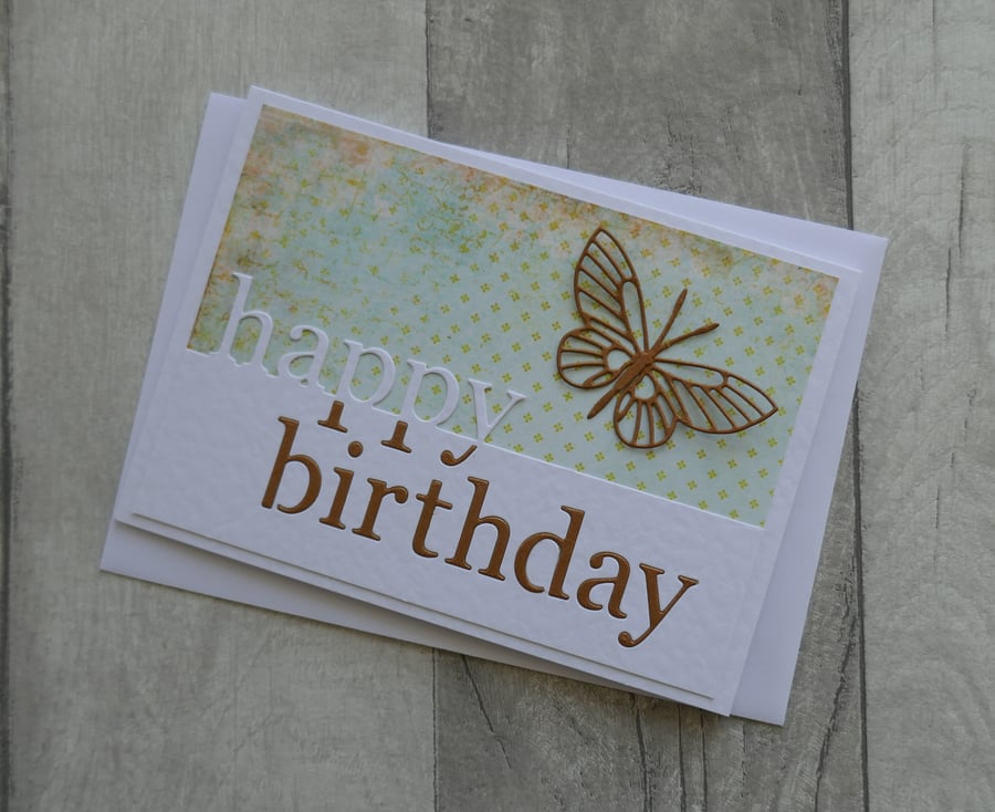 Brown Butterfly with Apricot and Mint Paper - Happy Birthday - Birthday Card