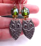 green lampwork glass earrings, pewter owl - Image 4