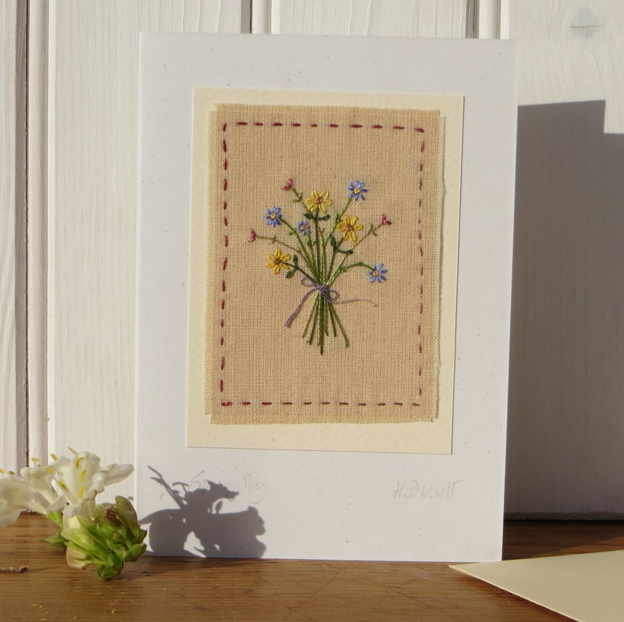 Spring Posy hand stitched freestyle miniature embroidery on card