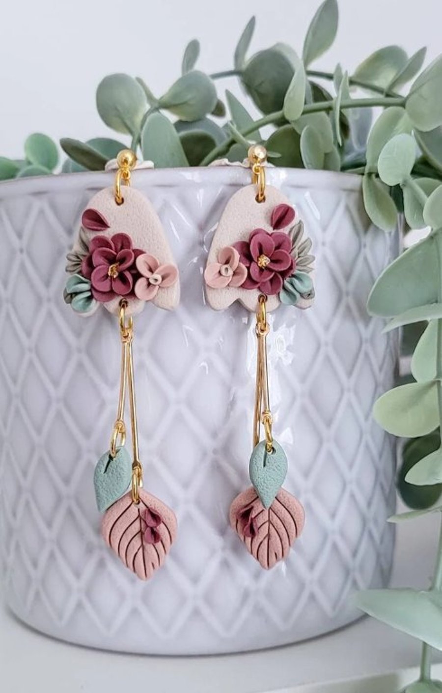 Muted Floral Polymer clay Earrings, dangle earrings