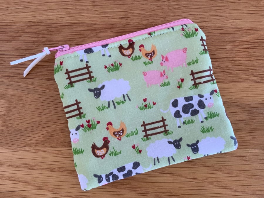 Fabric Coin Purse, Money Pouch, Zipped Purse, Purse, Card Holder, Farm Animals
