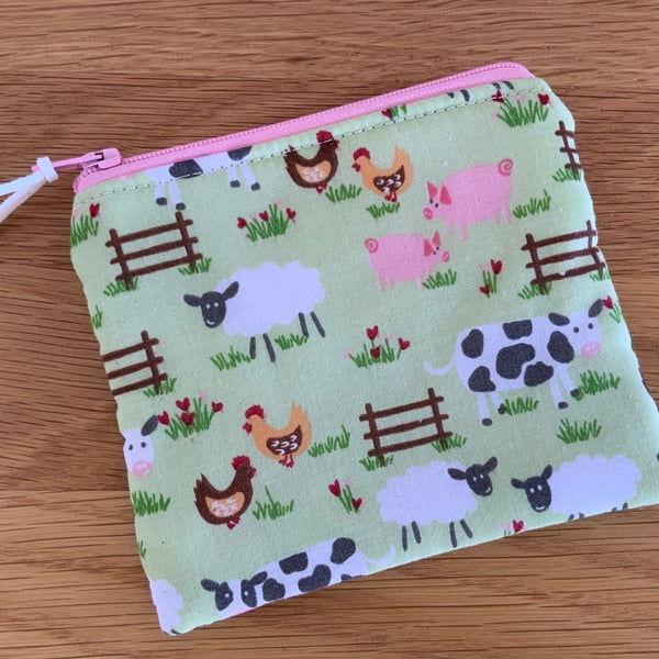 Fabric Coin Purse, Money Pouch, Zipped Purse, Purse, Card Holder, Farm Animals