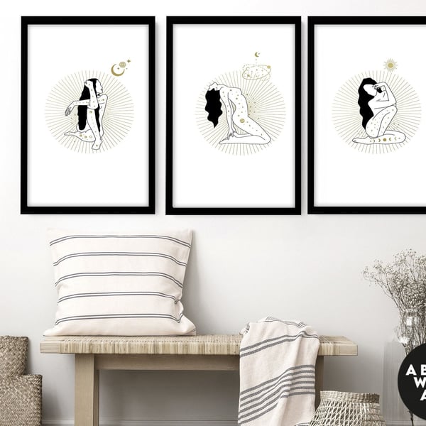 Yoga lover line art illustration, Yoga on my mind wall art prints set x 3, Yoga 