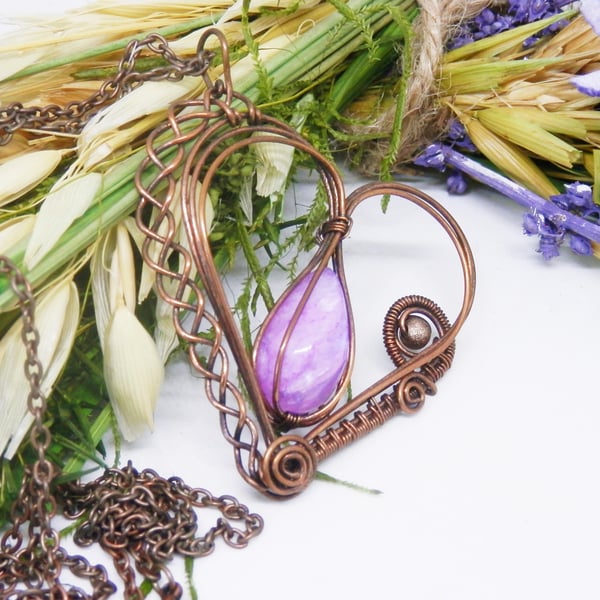 Heart Shaped Copper Necklace With Rainbow Moonstone