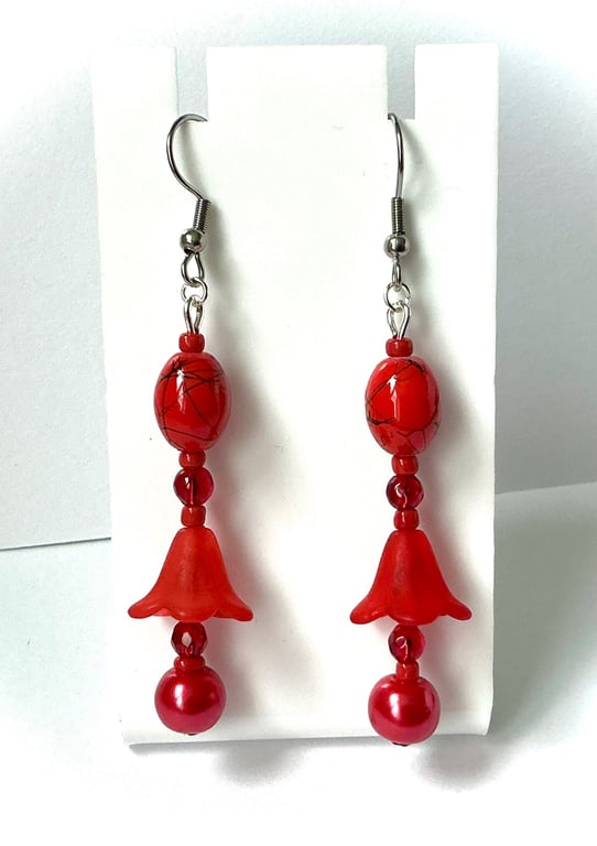 Red Bell Beaded Earrings