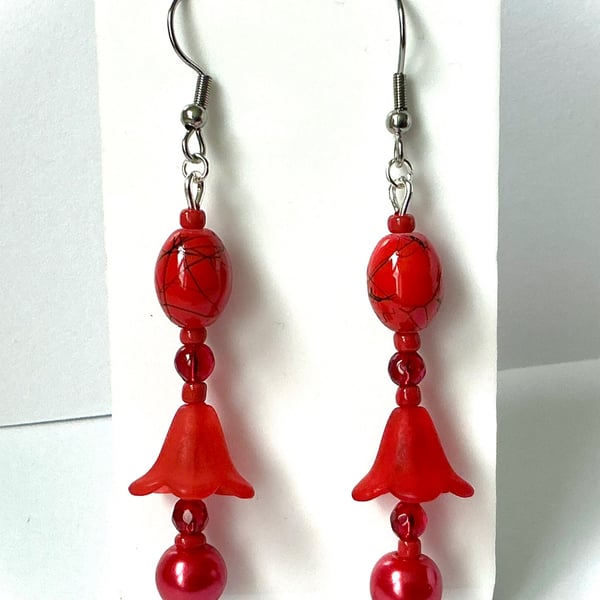 Red Bell Beaded Earrings
