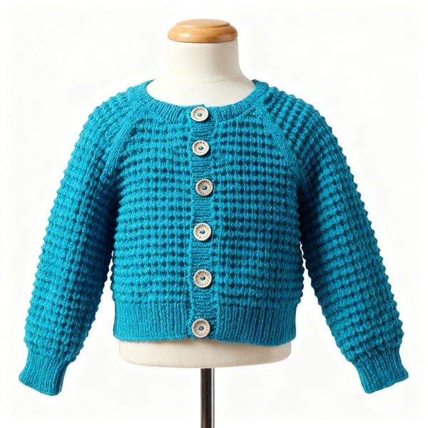 Hand knitted baby cardigan in turquoise with textured pattern 