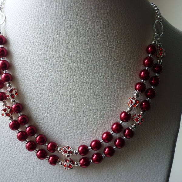 CHERRY RED AND SILVER TWO STRAND NECKLACE.  744