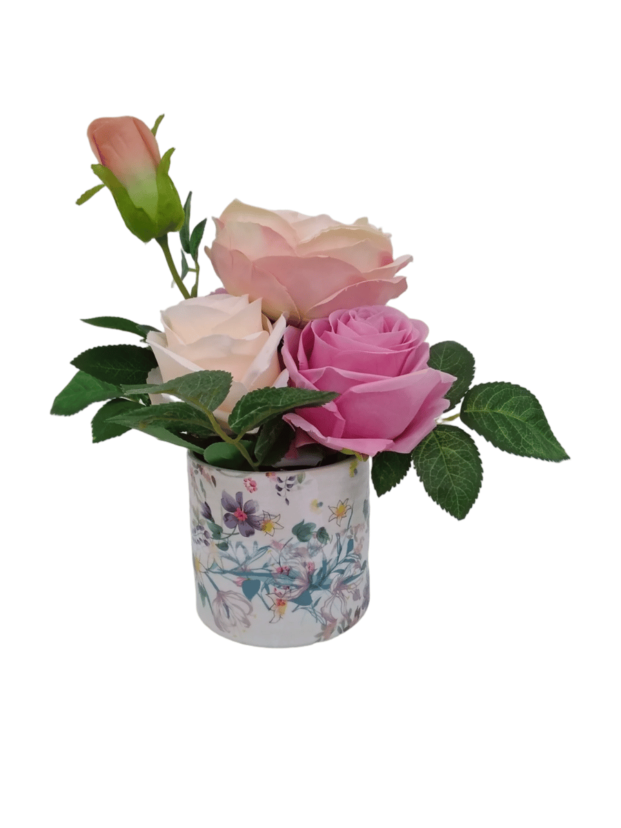 Blush & Pink Silk Rose Arrangement in Decoupaged Floral Pot