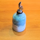 Oil or vinegar drizzler, green glaze homemade pottery