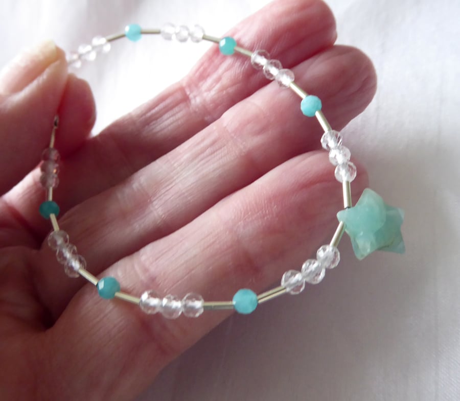 One Off Sterling Silver beaded gemstone Bracelet with Quartz and Amazonite 