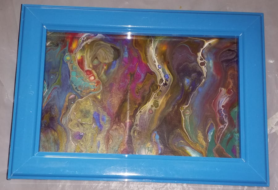 Acrylic pouring abstract art in 7 x 5 inch blue frame