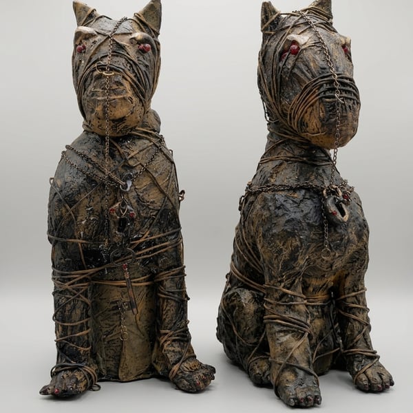 Keepers of the Dead Hand-Sculpted Mixed Media Dog Sculptures (Set of Two)