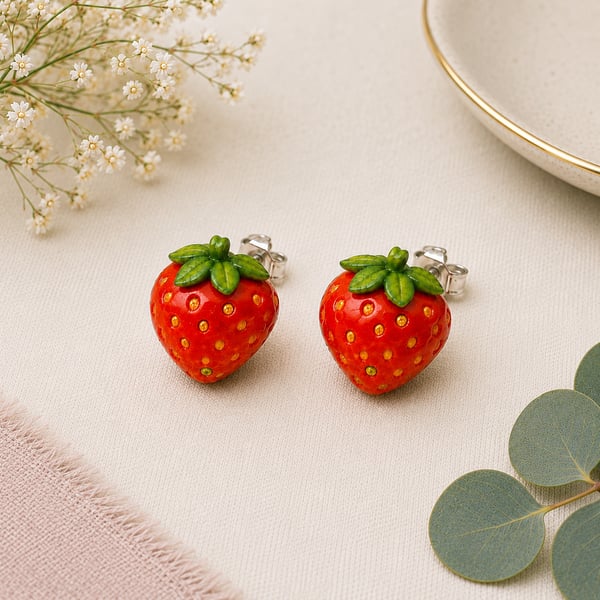 Strawberry Polymer Clay Stud Earrings Sterling Silver Posts