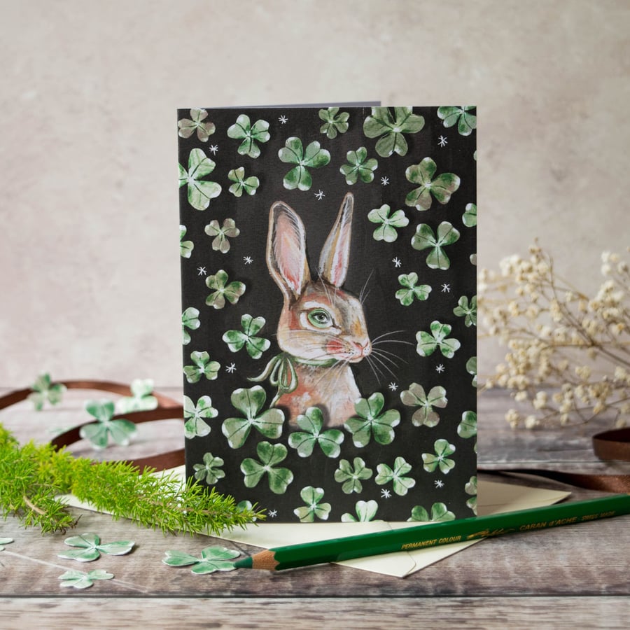 Rabbit with shamrocks blank greeting card. A6. St Patrick's day, Birthday