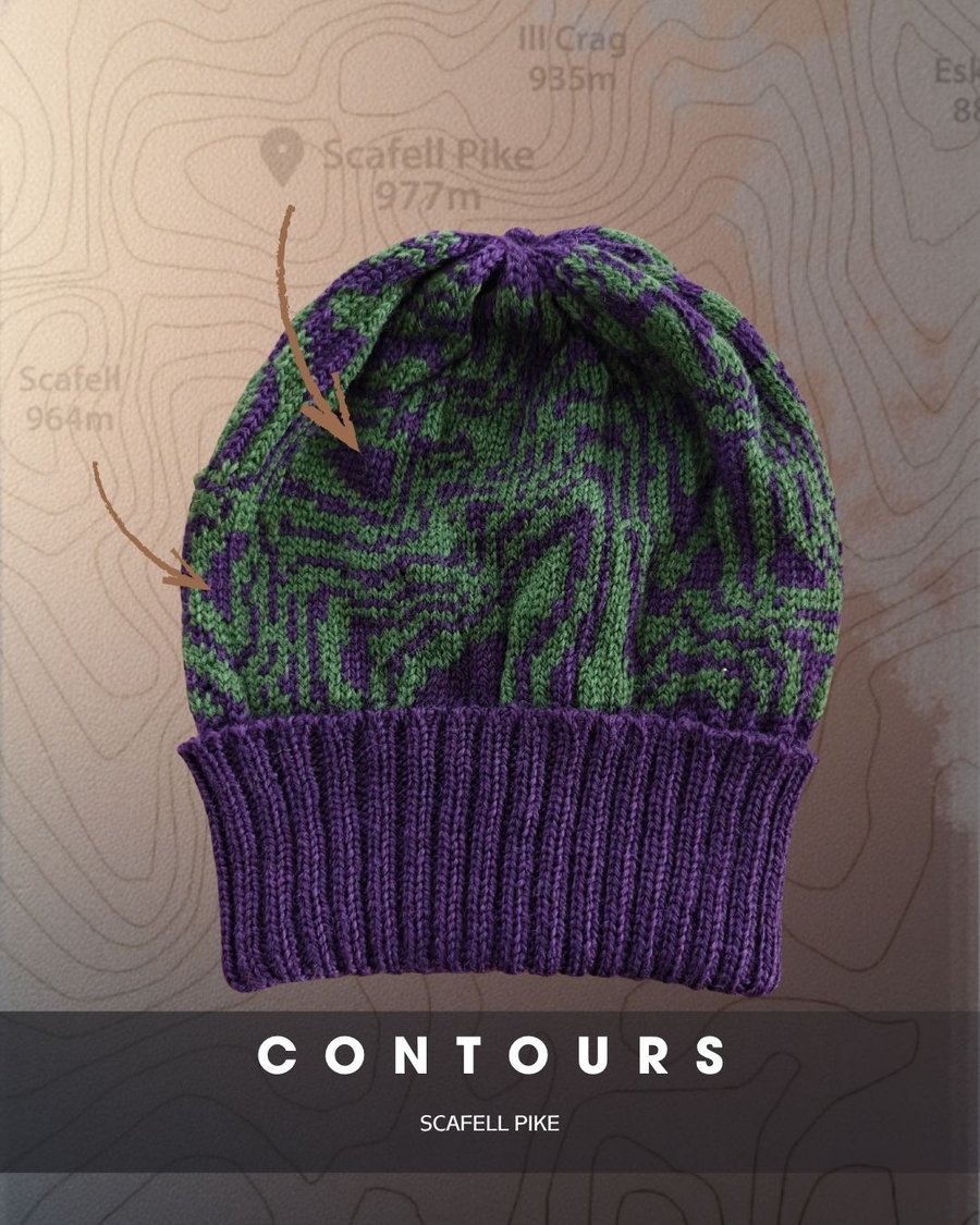 Merino Contours - Lake Distirict Beanie. Purple, Green hat. Gift for map lovers.