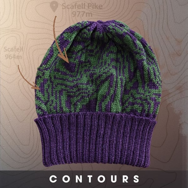 Merino Contours - Lake Distirict Beanie. Purple, Green hat. Gift for map lovers.