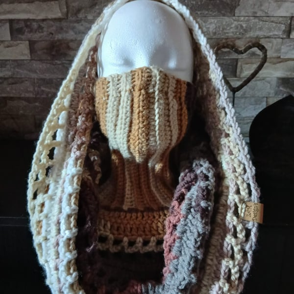 Crocheted Wasteland Hood Distressed Hooded Shawl Style Wrap - Autumn