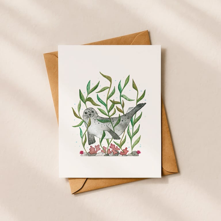 Harbour Seal, A6 giclée greetings card with recycled brown envelope