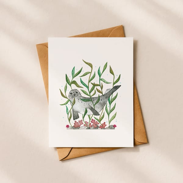 Harbour Seal, A6 giclée greetings card with recycled brown envelope