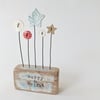 Clay Star and Buttons in a Painted Wood Block 'merry & bright'