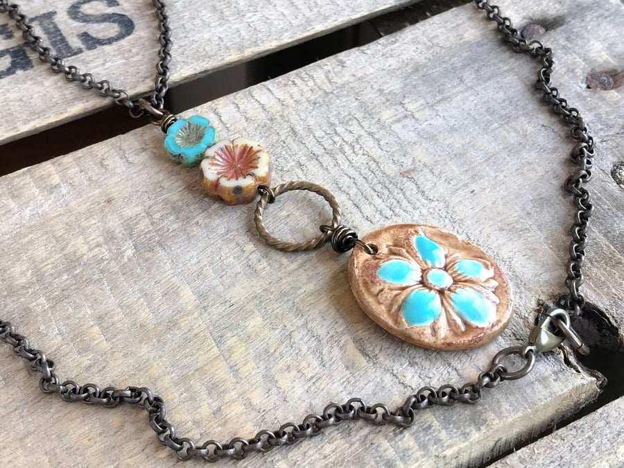 Rustic Ceramic Hibiscus Flower Necklace. Handcrafted Pendant on Long Brass Chain