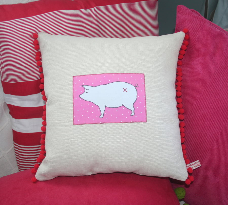 Pig Design Decorative Pink Cushion Pom Pom Edged In Red Free P & P for UK.