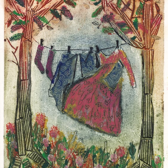 Line Dancing  Collagraph print with oil pastel