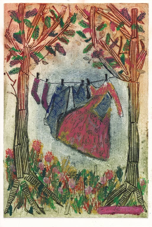 Line Dancing  Collagraph print with oil pastel