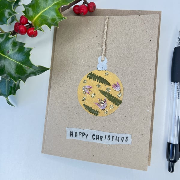 Handmade Real Pressed Ferns and Forget-me-not Bauble Christmas Card 1