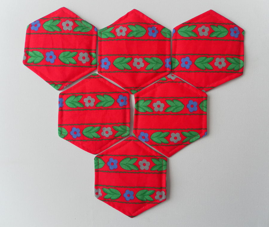 Colourful  Coasters, Set of Six, Hexagonal, Floral, Red