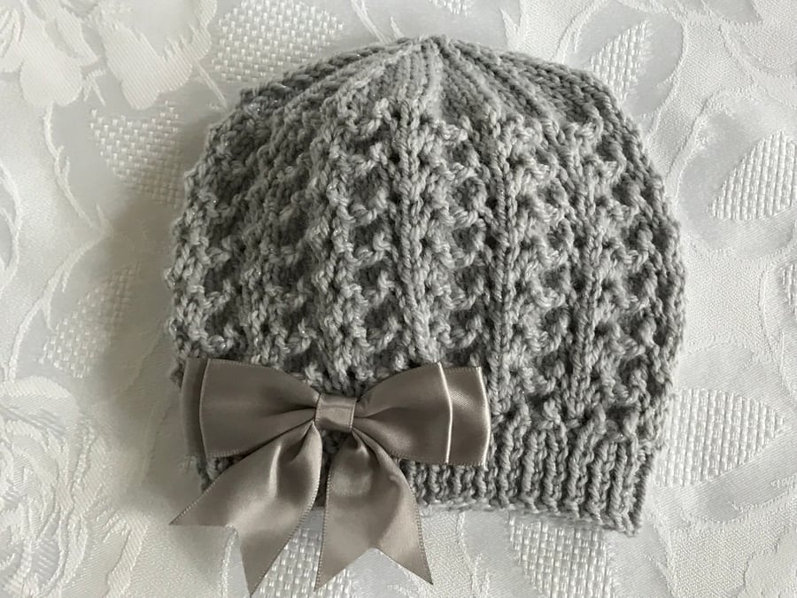 Hand Knitted Grey Sparkle Girl's Hat, Size 0 - 3 Months