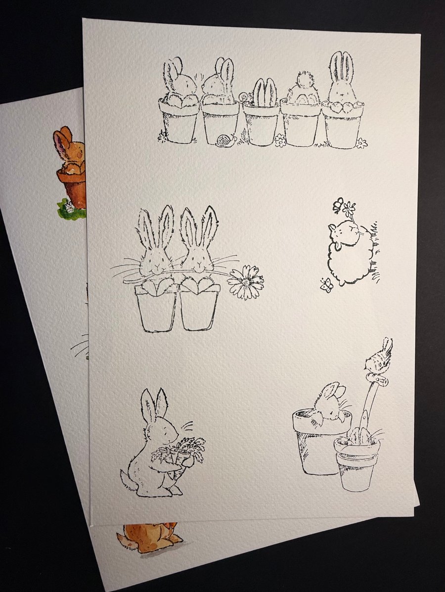 A4 card topper page using Penny Black stamps - Four rabbits plus bonus sheep