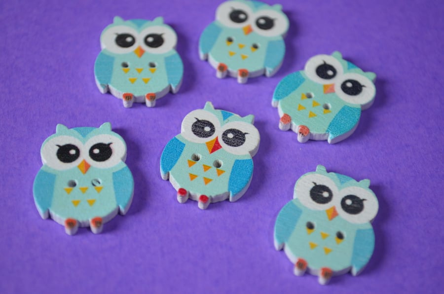 Wooden Owl Buttons Blue Aqua Cute Bird 6pk 23x18mm (O5)