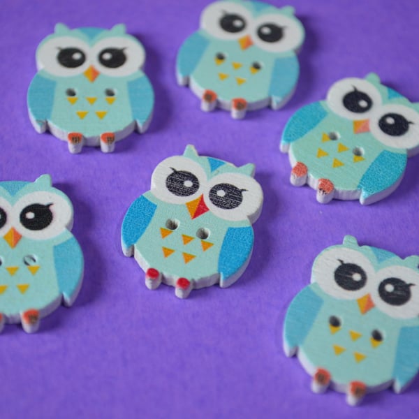 Wooden Owl Buttons Blue Aqua Cute Bird 6pk 23x18mm (O5)