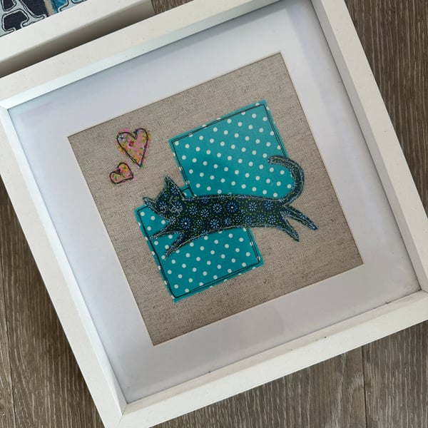 Frame Cat Picture. Free Motion Embroidery, Textile Art. Applique. Home Decor.